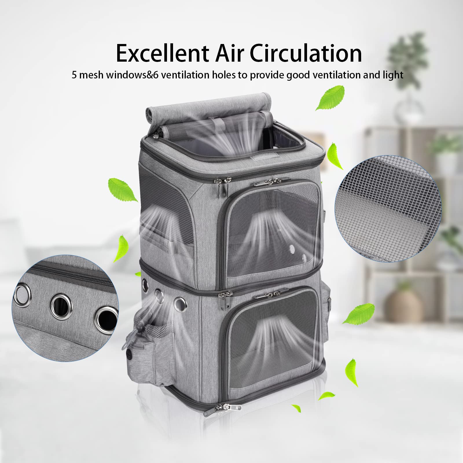 FASNATI Double-Compartment Pet Carrier Backpack, Cat Carrier Backpack for 2 Small Cats, Dogs and Rabbits, Perfect for Traveling/Hiking/Camping, Grey - DeKove
