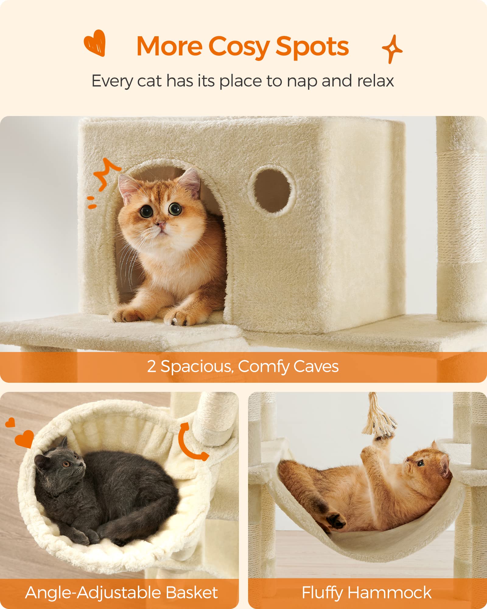 Feandrea Cat Tree, 206 cm Large Cat Tower with 13 Scratching Posts, 1 Scratching Ramp, 2 Perches, 2 Caves, Basket, Hammock, Pompoms, Multi-Level Plush Cat Condo for Indoor Cats, Beige PCT190M01 - DeKove