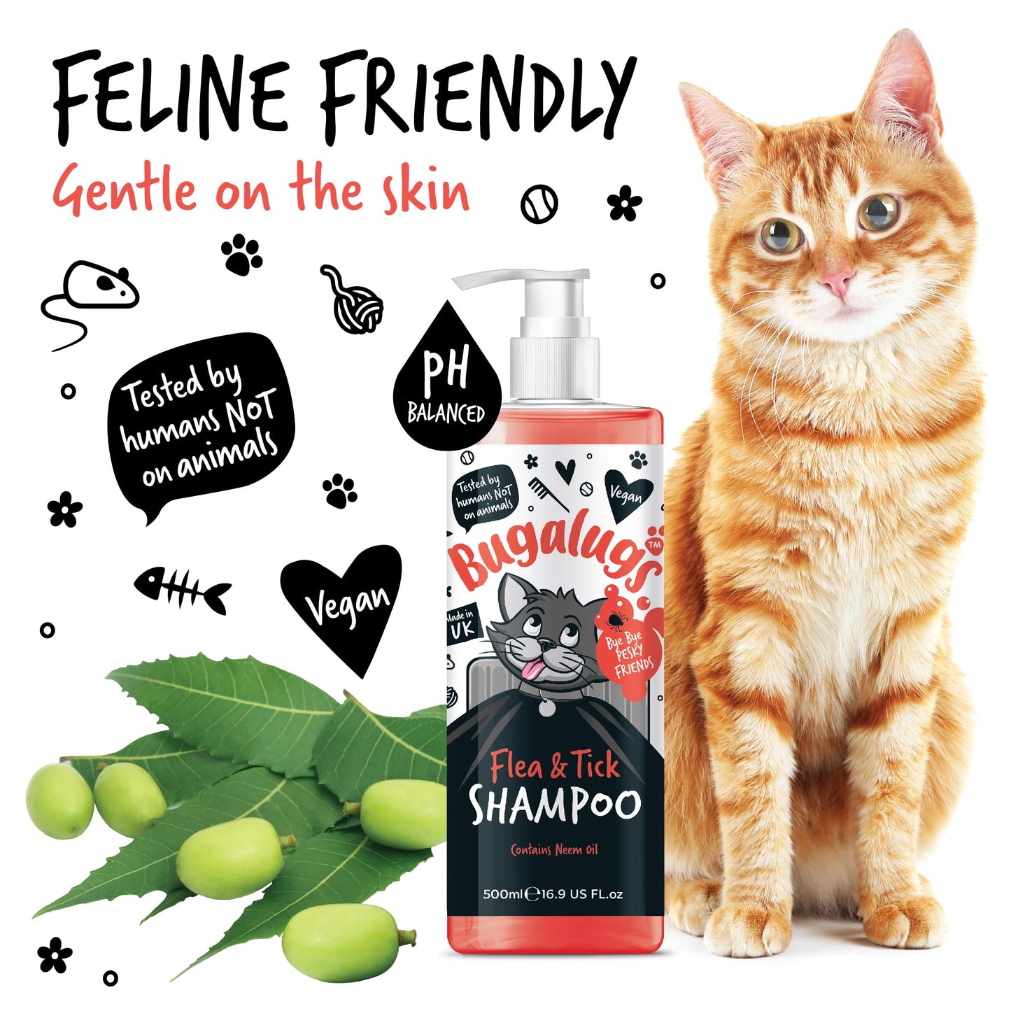 Flea and Tick Cat Shampoo by Bugalugs 500ml, Deep Cleansing for Cats for Fleas, Ticks & Mites contains Neem Oil, PH Balanced Vegan (500ml Flea Shampoo) - DeKove