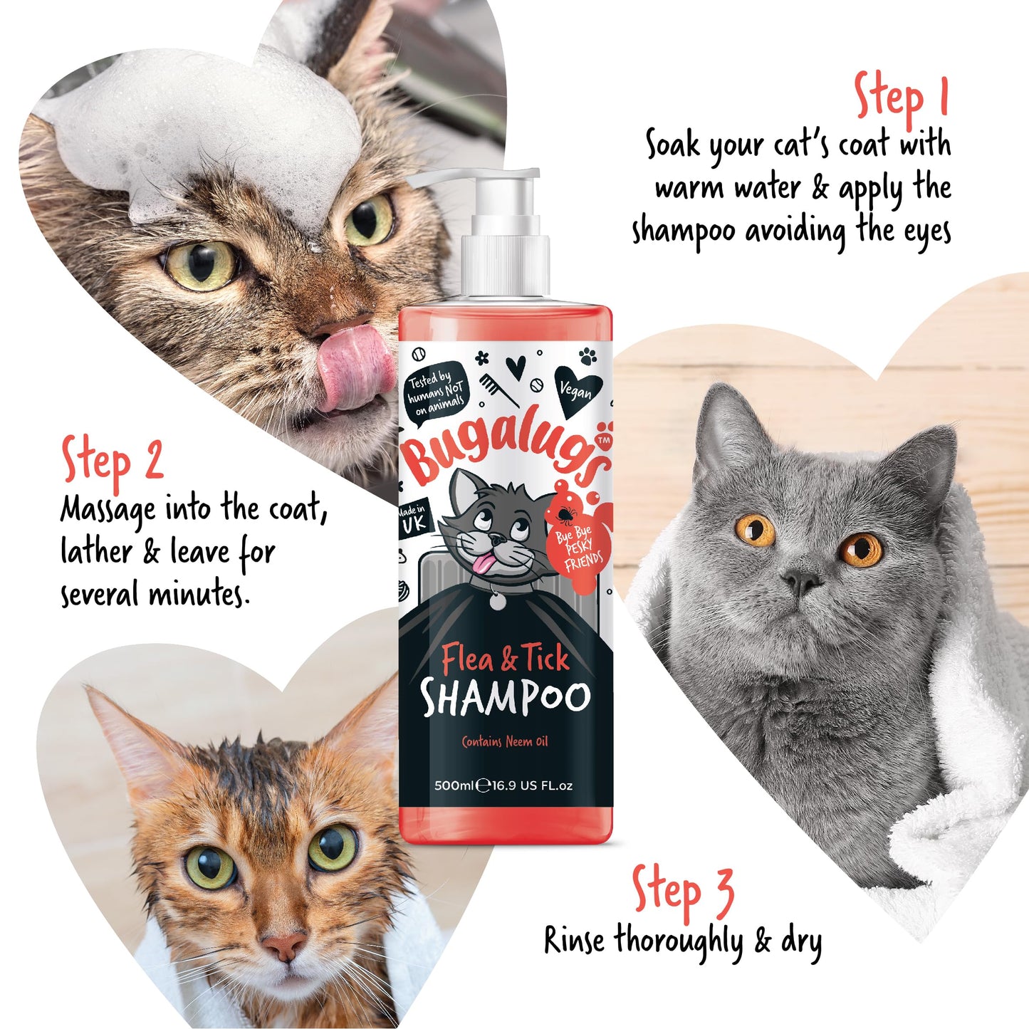 Flea and Tick Cat Shampoo by Bugalugs 500ml, Deep Cleansing for Cats for Fleas, Ticks & Mites contains Neem Oil, PH Balanced Vegan (500ml Flea Shampoo) - DeKove