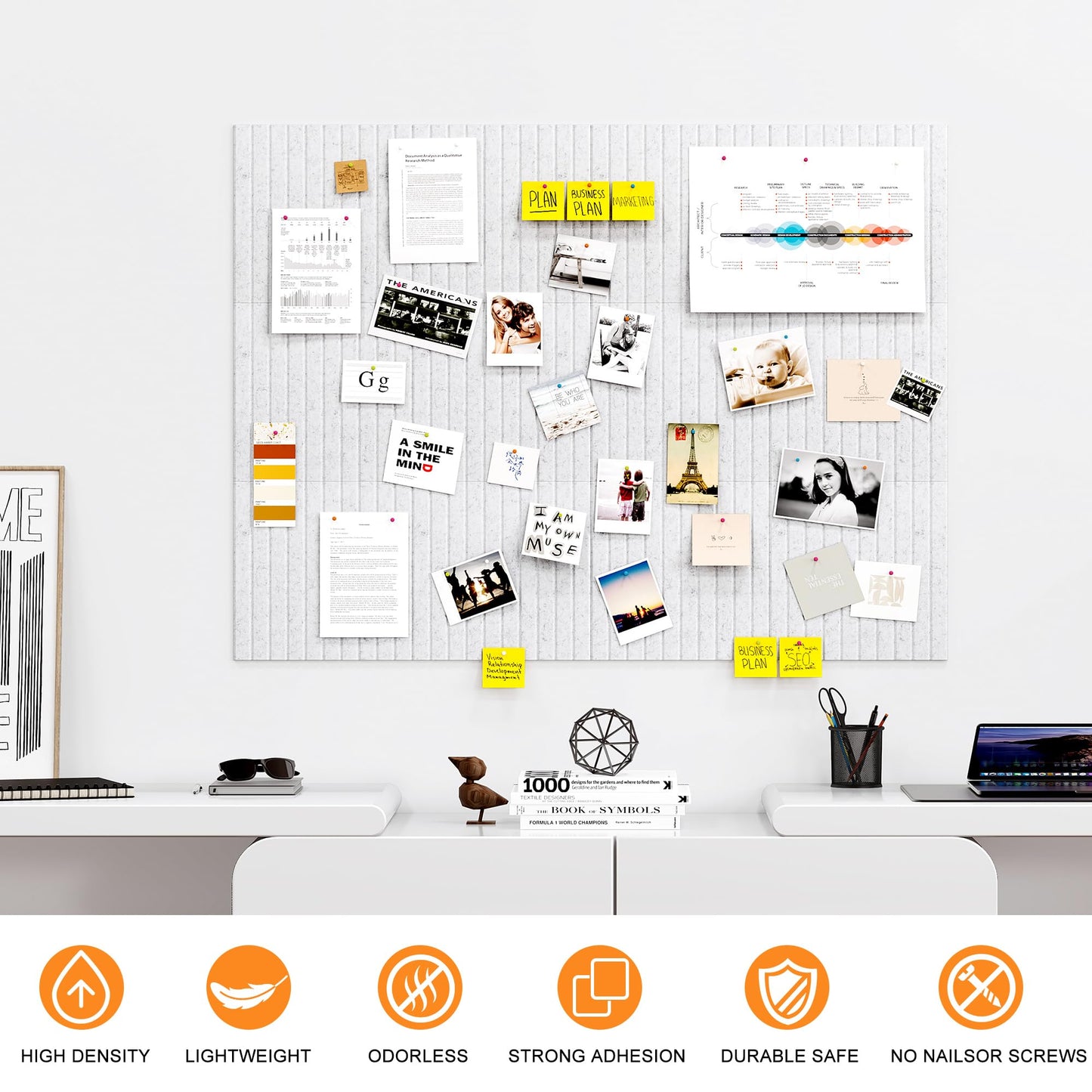 PAG-Mass Felt Bulletin Board Wall Tiles with Removable Adhesive,120×90cm Vision Board Kit for Wall Decorative,Notice Memos Pin Board for Home Office Kitchen,12 Pack-Light Grey - DeKove